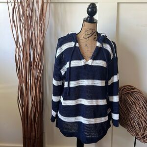 Nicole Miller Artelier Blue and White Open Weave Hooded Sweater